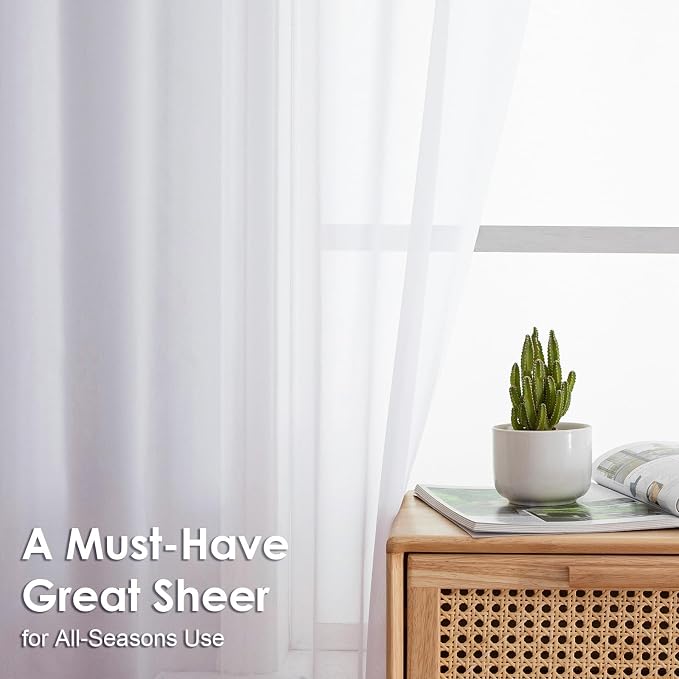 Sheer White Curtains 108" Inch Length 2 Panels Set, Light Filtering Soft Rod - Image 2