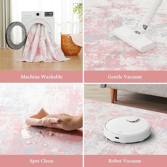 Rugflix 9x12 Area Rugs for Bedroom, Washable Pink Large Rug | Machine Washable; - Image 5
