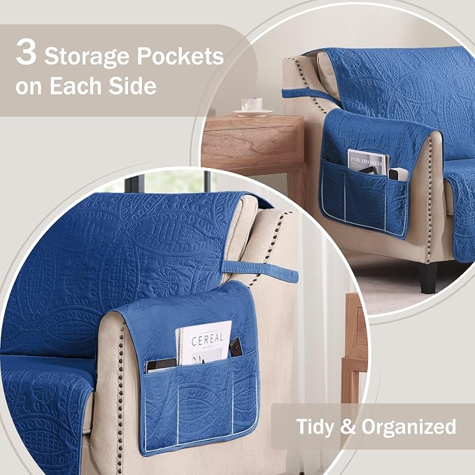Blue Sofa Covers with Pockets, Anti-Slip Medallion Couch Covers - Image 4