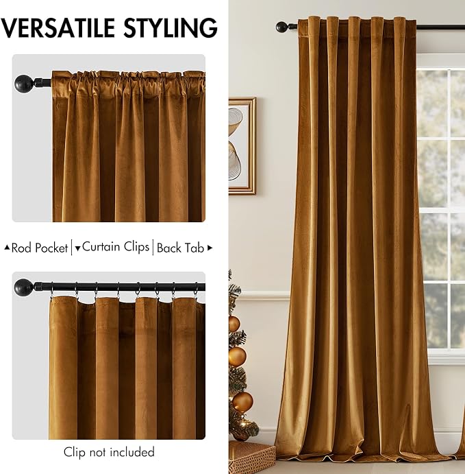MIULEE Velvet Curtains 52x84 inches 2 Panels Gold Brown Blackout Curtains | - Image 2