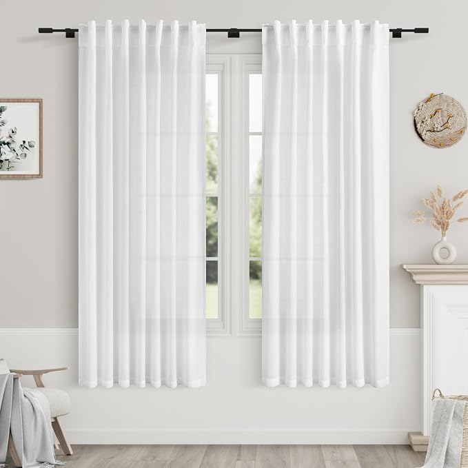 White Linen Curtains for Living Room 62 Inch Length Neutral Modern Farmhouse by Nanspring