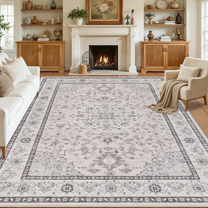 Area Rugs 9x12 Living Room: Bedroom Washable Carpet Beige & Grey | Large by Luxturiy
