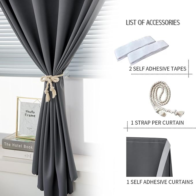 Thermal Blackout Curtains with Self Adhesive Tape No Rod No Drill Easy Install - Image 2