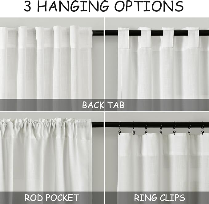 Linen Light Filtering Curtains 96 Inches Long 2 Panels Long Ivory Semi Sheer - Image 3