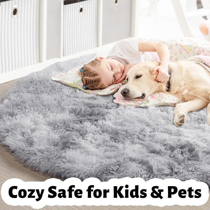 Amdrebio Tie-Dyed Light Grey Big Shag Round Rug 6Ft - Image 7