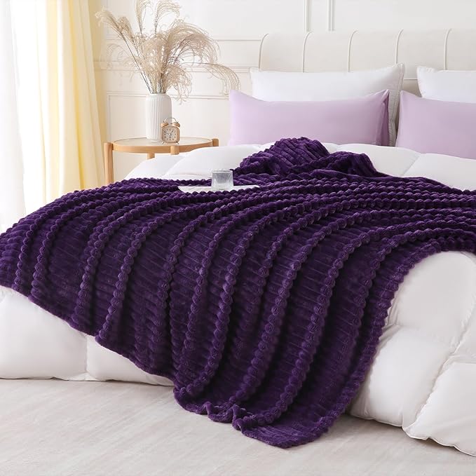 Deep Purple Throw Blanket for Couch Sofa 50x60 inches Striped Design | Fleece - Image 4