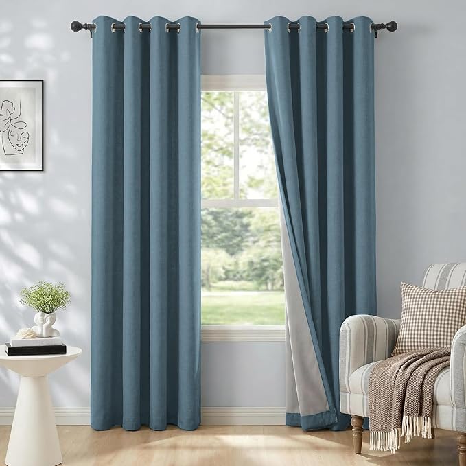 100% Blackout Linen Textured Curtains 72 Inch Long, Stone Blue | 100% Blackout by 100BlackoutShield