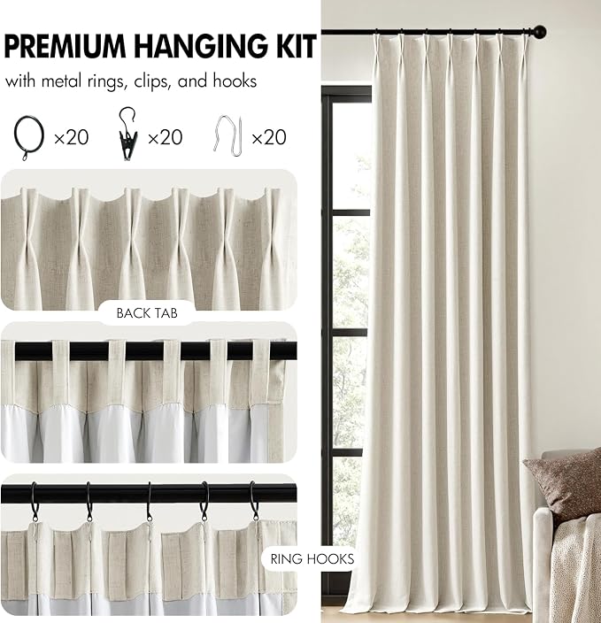 MIULEE Natural Pinch Pleated 100% Blackout Linen Curtains 40x95 Inches | Room - Image 8