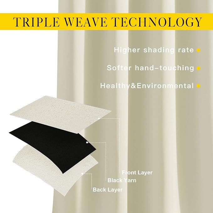 NICETOWN Beige Blackout Curtains 63 inches Long, Grommet Room Darkening Window - Image 3