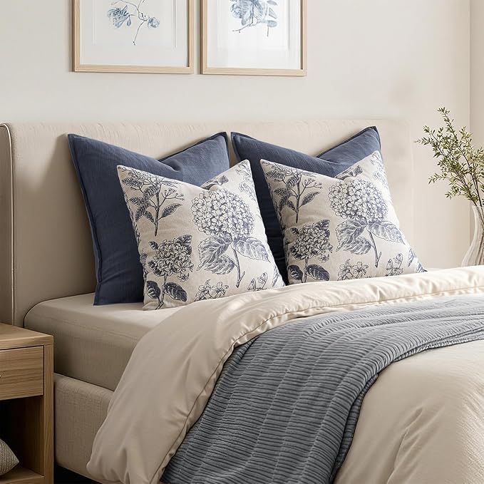 Set of 2 Euro Floral Pillow Covers 24x24 Inch Navy Blue | Decorative Neutral - Image 6