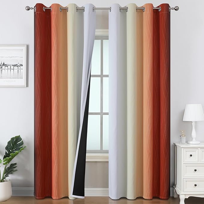 Burnt Orange and Greyish White Ombre Blackout Curtains 52Wx96L Inch Long | by ESTELARTEXTILER