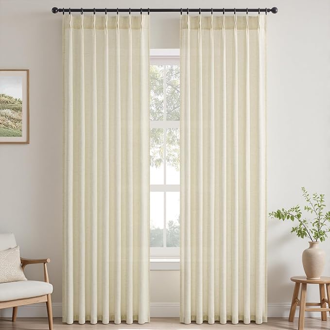 96 Inches Long Pinch Pleated Semi Sheer Curtains, Cream Linen Blended Light - Image 9