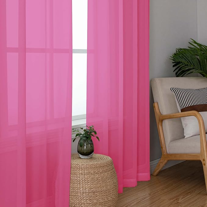 Hot Pink Sheer Curtains for Bedroom Living Room 54 Inch Length 2 Panels Set - Image 3