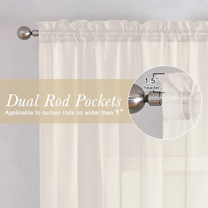 Ivory Sheer Curtains 45 Inch Length 2 Panels, Short Voile Drapes - Image 2