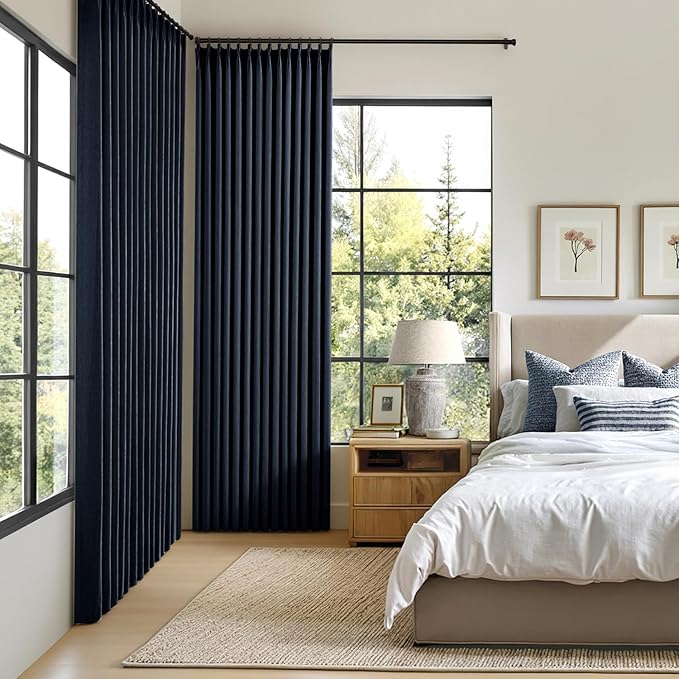 MIULEE Navy Blue Pinch Pleated 100% Blackout Linen Curtains 40x96 Inches | Room - Image 2