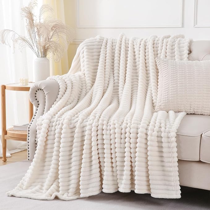 Cream White Throw Blanket for Couch Sofa 50x60 inches Striped Design | Fleece - Image 6