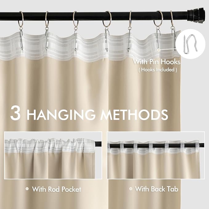 MIULEE Cream Beige Back Tab Blackout Curtains 52x54 Inch Length 2 Panel Set | - Image 3