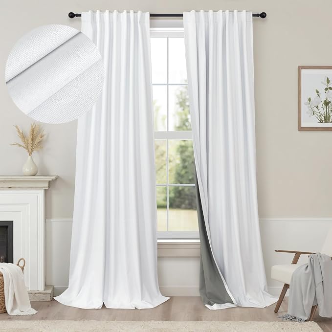 White Linen Textured Blackout Curtains 94 Inches Long 2 Panels Burg Coastal by Pitalk