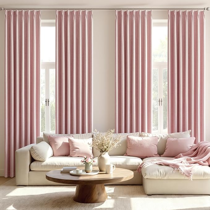 MIULEE Pink Pinch Pleated 100% Blackout Linen Curtains 40x102 Inches | Room - Image 7