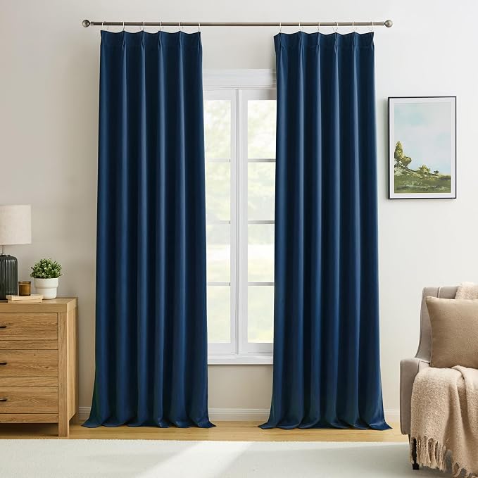 Navy Blackout Pleated Curtains 96 Inch Length Soft Polyester Blue Drapes by KEQIAOSUOCAI