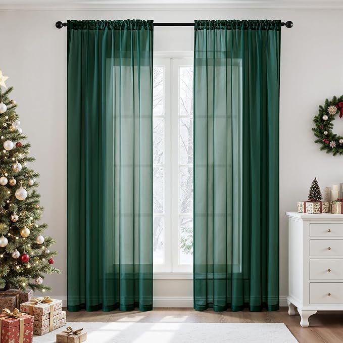 MIULEE Hunter Green Sheer Curtains 54 X 54 Inches, 2 Panels | Solid Color by MIULEE