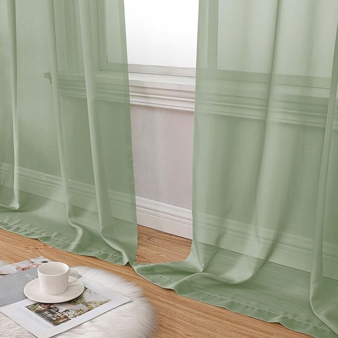 Sage Green Sheer Curtains for Bedroom Living Room 90 Inches Long 2 Panels Set - Image 8