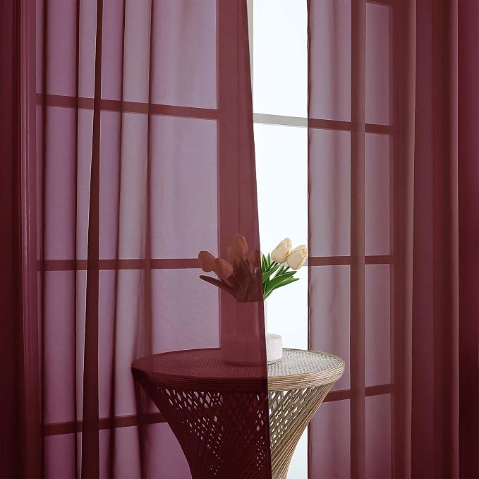 Burgundy Sheer Curtains 63 Inches Long 2 Panels Set, Light Filtering Sheer - Image 6