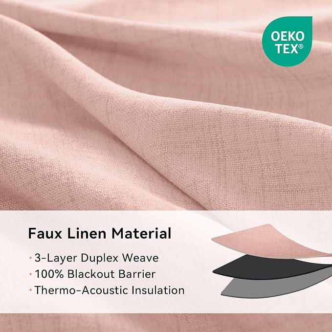 100% Blackout Linen Textured Curtains 80 Inch Long, Blush Pink | 100% Blackout - Image 4