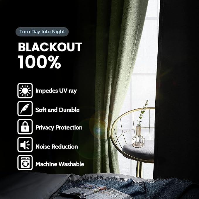 SimpleHome Sage 100% Blackout Curtains Room Darkening Living Room 36 Inch | - Image 3