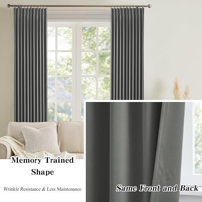 Grey Pinch Pleat Curtains & Drapes 104 Inches Long 2 Panels Set, Darkening - Image 6