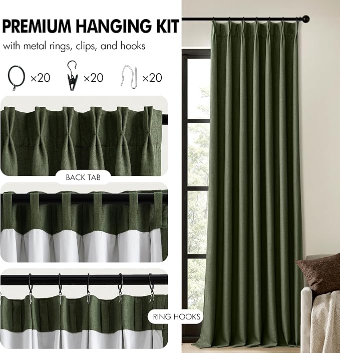 MIULEE Olive Green Pinch Pleated 100% Blackout Linen Curtains 40x96 Inches | - Image 8