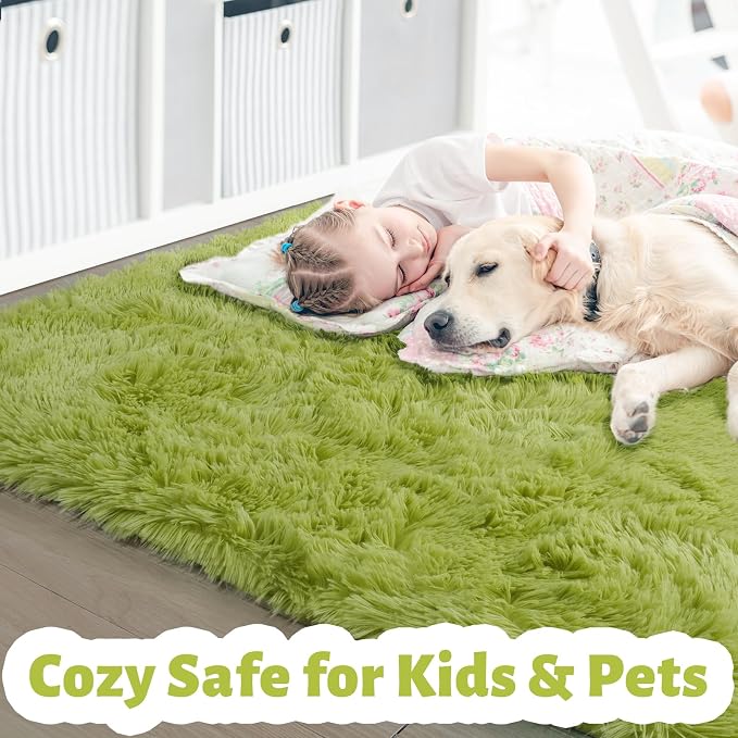 Amdrebio Grass Green Furry Small Area Rug 3x5 - Image 2