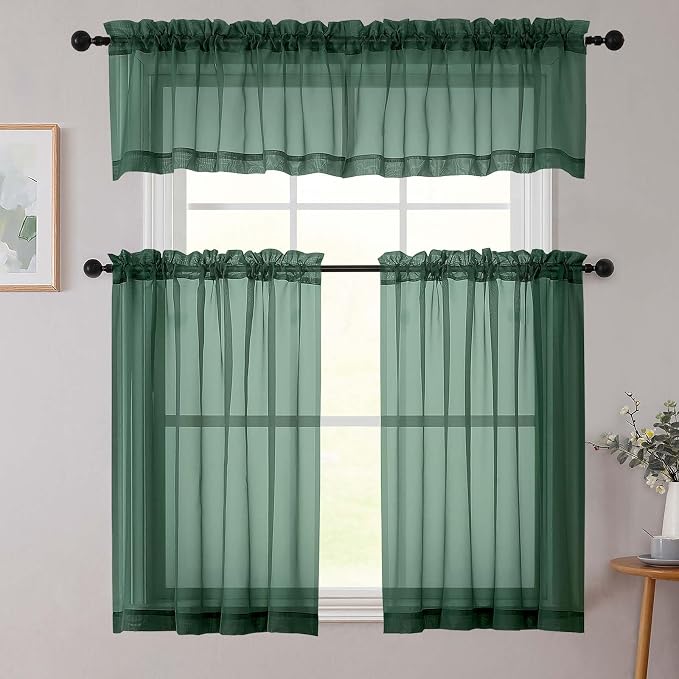 Hunter Green Valances for Windows, Sheer Curtains 14 Inch Length 2 Pack Kitchen - Image 8