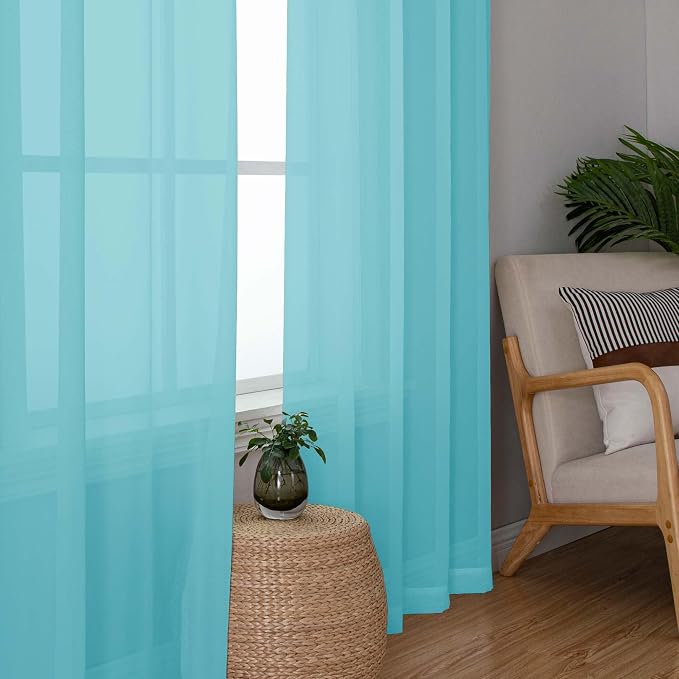 Sheer Aqua Curtains for Bedroom Living Room 63 Inch Length 2 Panels Set - Image 3