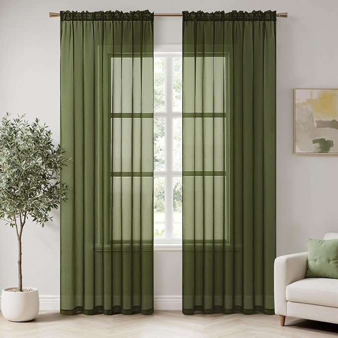MIULEE Olive Green Sheer Curtains 54 X 54 Inches, 2 Panels | Solid Color by MIULEE