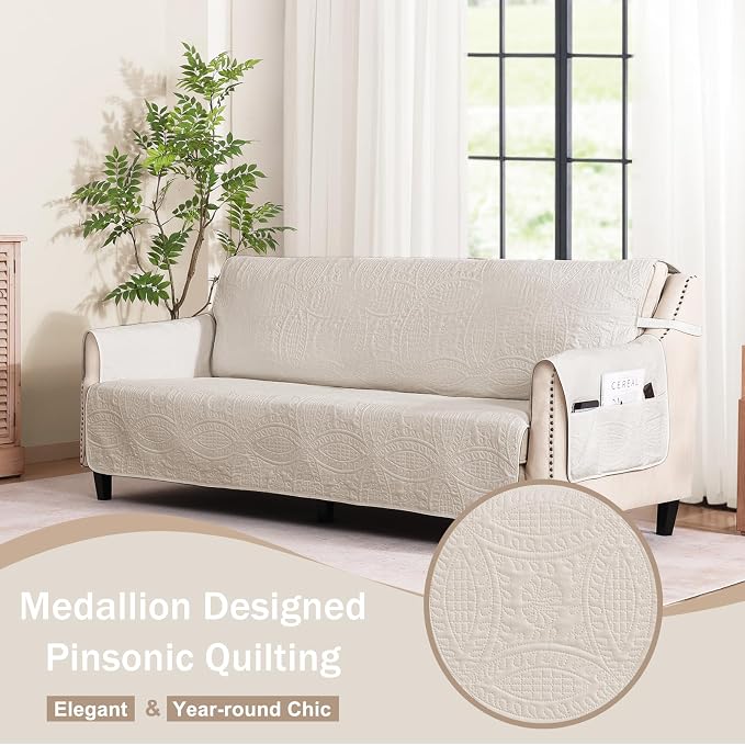 Quilted Beige Grand Sofa Couch Covers, Soft Cozy Couch Protector - Image 2