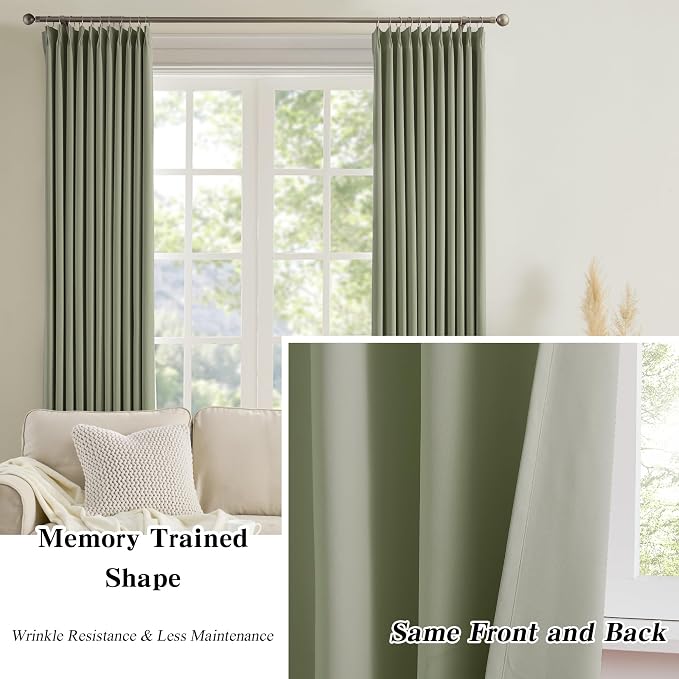 Pinch Pleated Sage Green Blackout Curtains 102 Inches Long, Window Treatment - Image 5