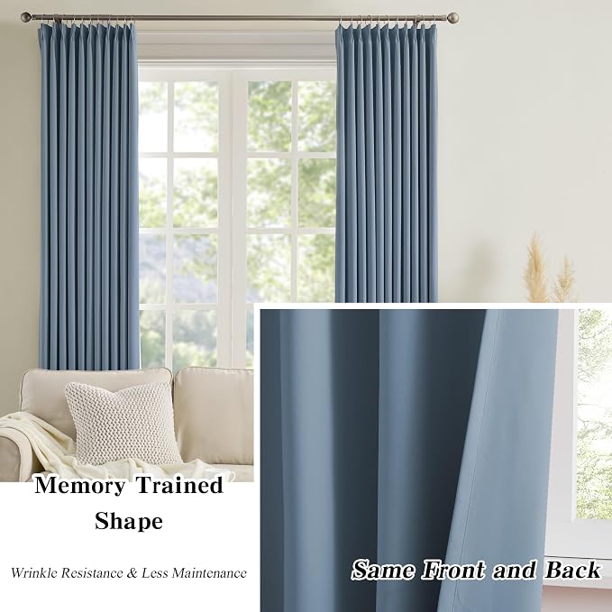 Dusty Stone Blue Pinch Pleated Curtains 108 Inches Long 9 FT Length Room - Image 5