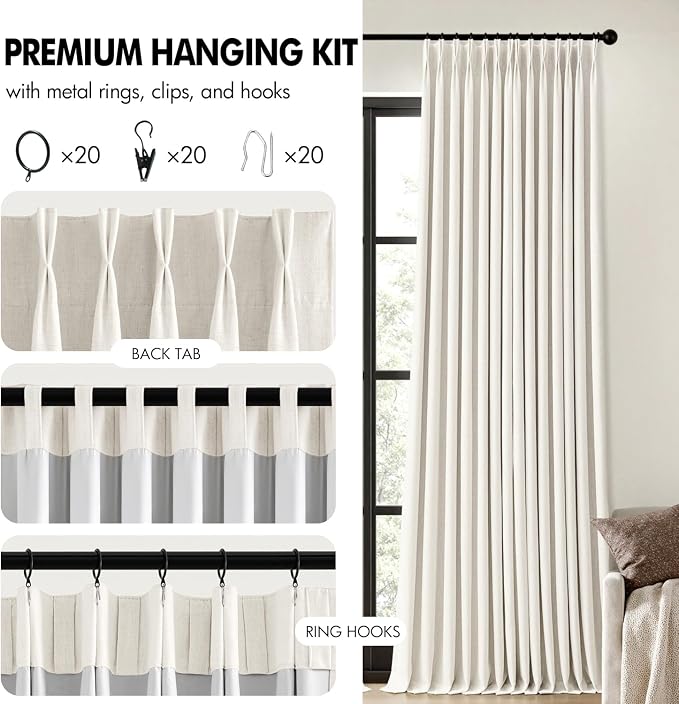 MIULEE Beige White Pinch Pleated 100% Blackout Linen Curtains 40x84 Inches | - Image 8