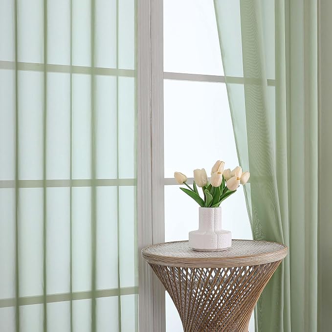 Sheer Sage Green Curtains, Sheer Curtains 63 inch Length 2 Panels Set, Rod - Image 2