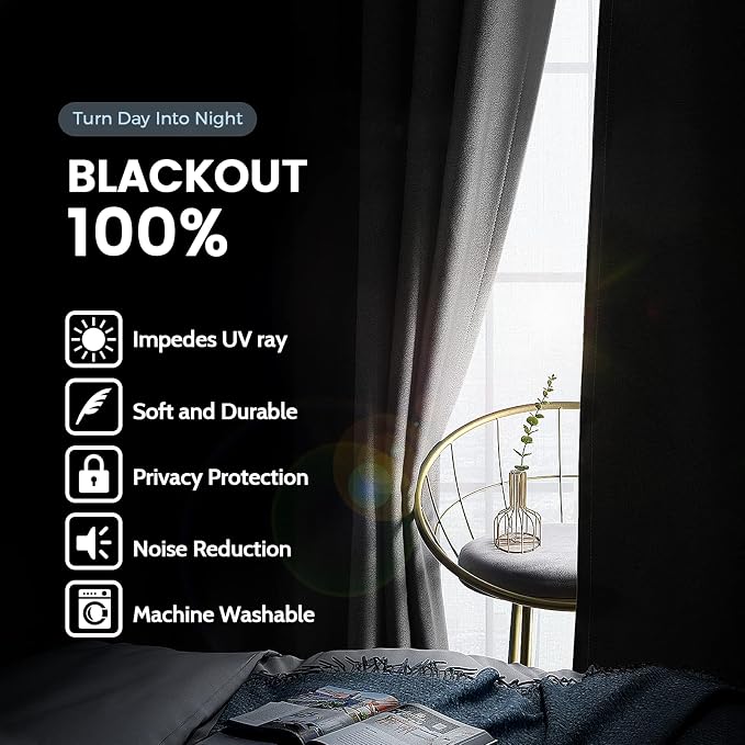 SimpleHome Grey 100% Blackout Curtains Room Darkening Living Room 63 Inch | - Image 3