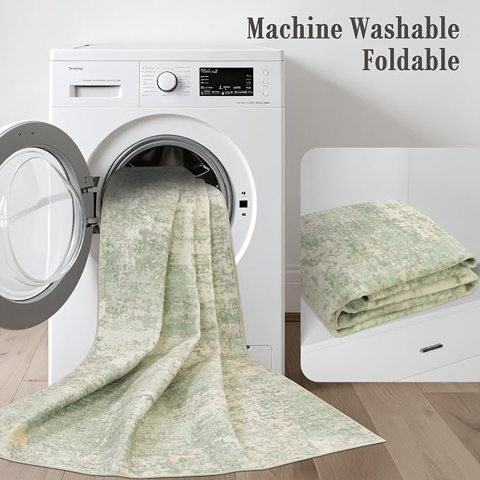 3x10 Washable Runner Rug：Modern Abstract Soft Carpet Green Cream | - Image 6
