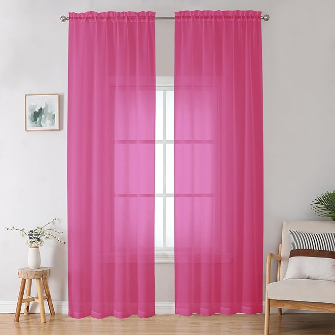 Hot Pink Sheer Curtains for Bedroom Living Room 96 Inches Long 2 Panels Set by OWENIE