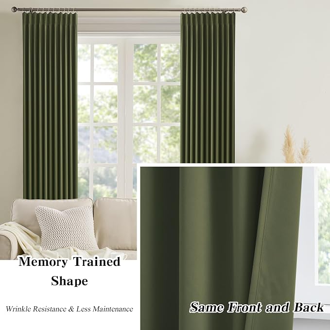 Olive Green Curtains Pinch Pleat wtih Hooks, Block Out Sound Reducing Light - Image 6