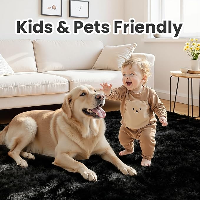 5x7 Fluffy Shag Area Rugs for Living Room Bedroom: Soft Plush Carpet Black | - Image 3