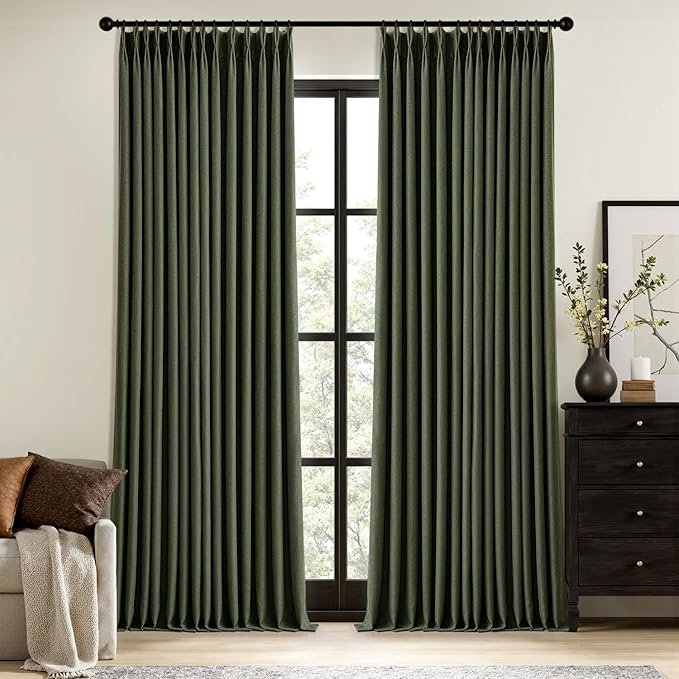 MIULEE Olive Green Pinch Pleated 100% Blackout Linen Curtains 40x96 Inches | by MIULEE