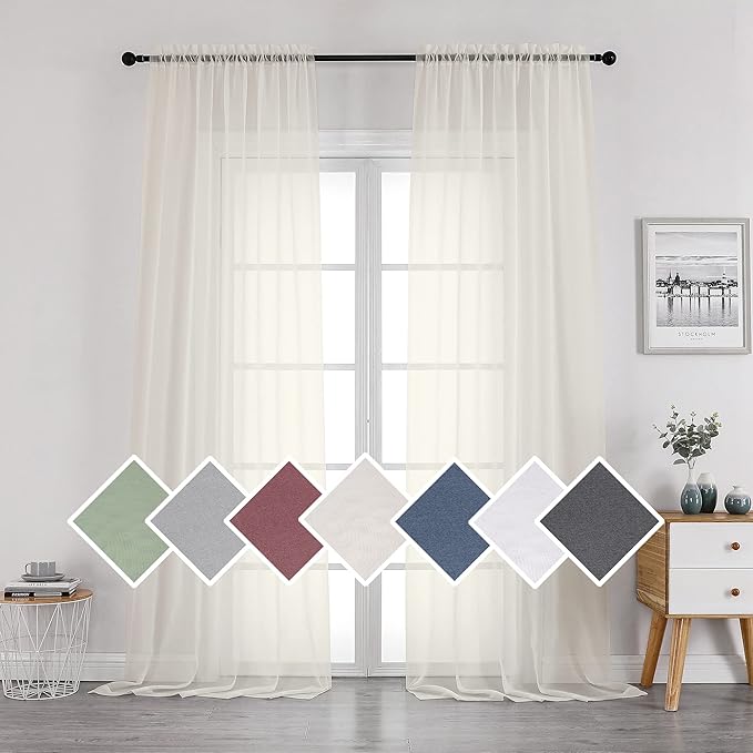 Sheer Ivory Curtains Light Filtering Window Drapes by OVZME