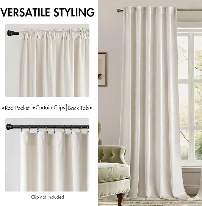 MIULEE Velvet Curtains 52x90 inches 2 Panels Ivory Room Darkening Curtains | - Image 2