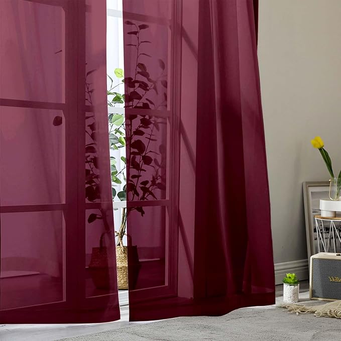 Burgundy Sheer Curtains for Bedroom Living Room 54 Inch Length 2 Panels Set - Image 8