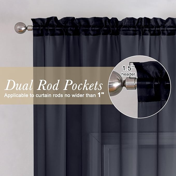 Black Sheer Curtains 68 Inch Length 2 Pcs, Light Filtering Rod Pockets Window - Image 3